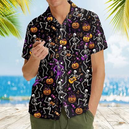 Another lifestyle view of halloween skeletons hawaiian shirt