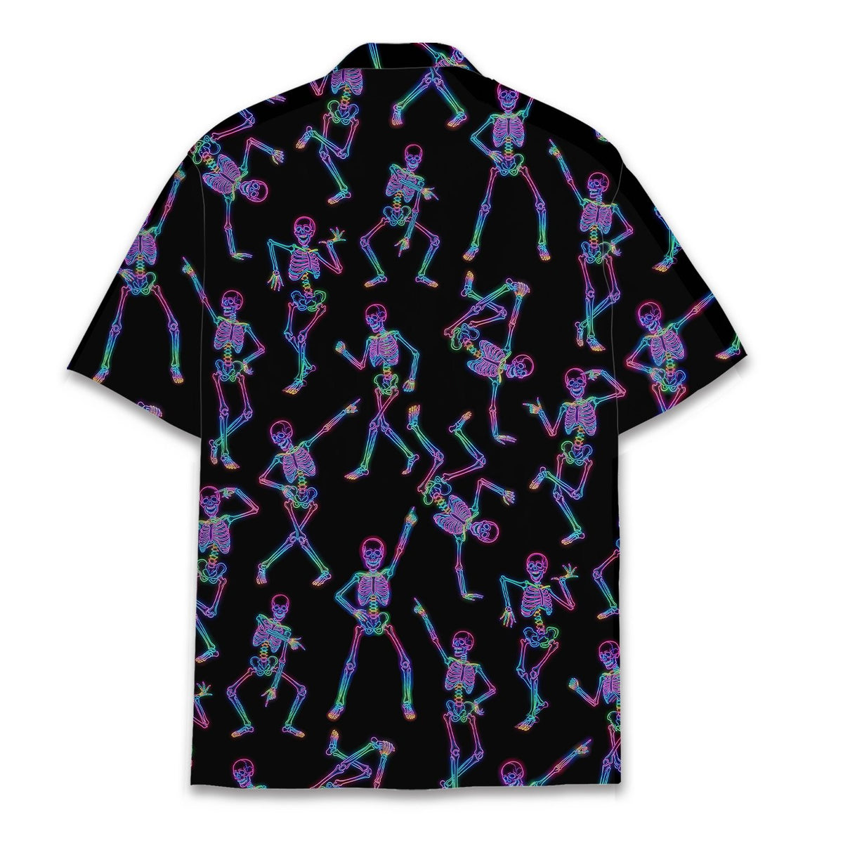 Detailed back view of the black halloween hawaiian shirt