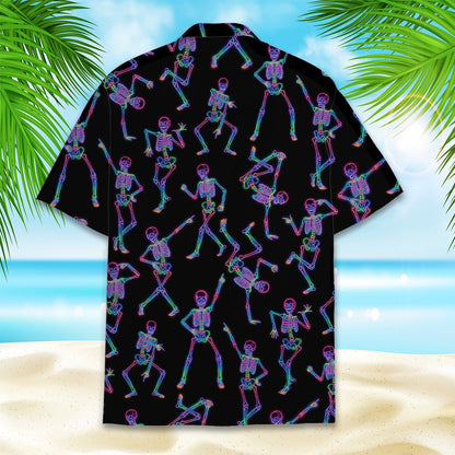 Back view of the matching family hawaiian shirt featuring neon skeletons