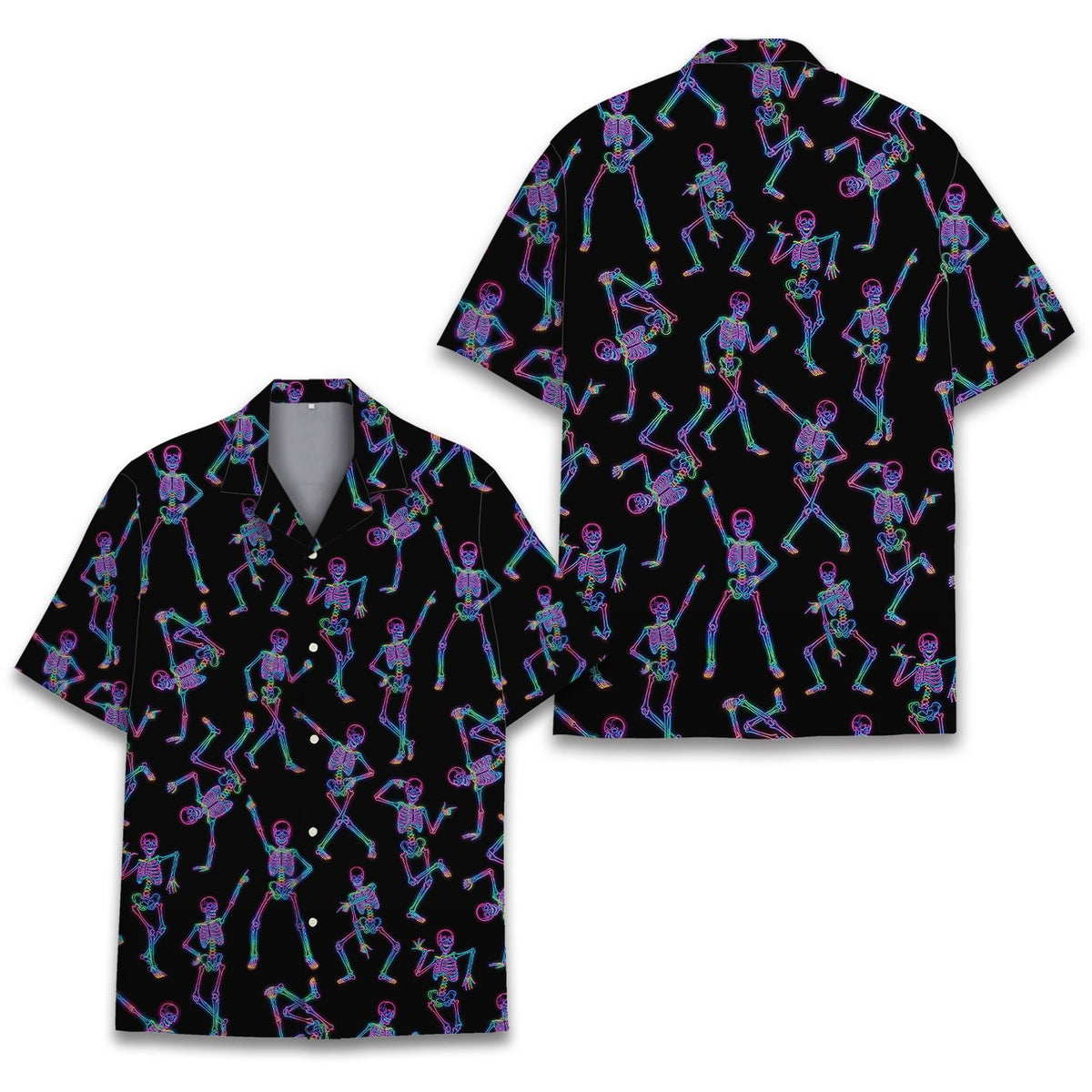 Detailed front view of the neon skeletons hawaiian shirt