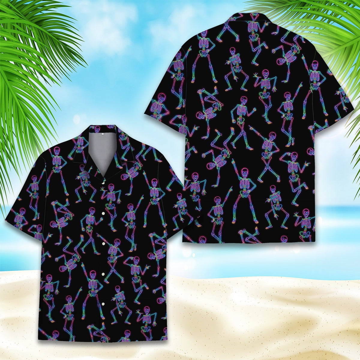 Close up front view of the halloween skeletons hawaiian shirt