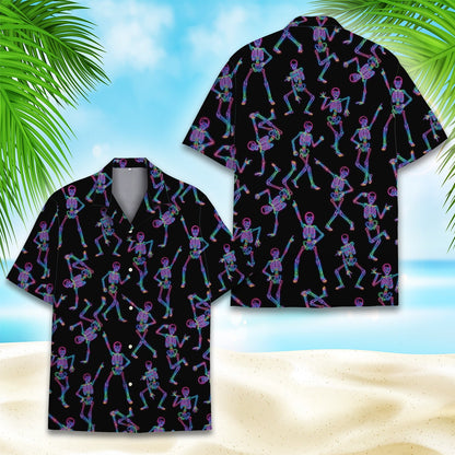 Close up front view of the halloween skeletons hawaiian shirt