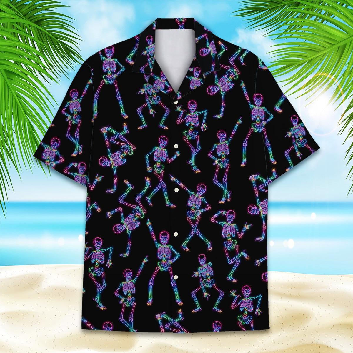 Matching family hawaiian shirt with neon halloween skeletons on a black background