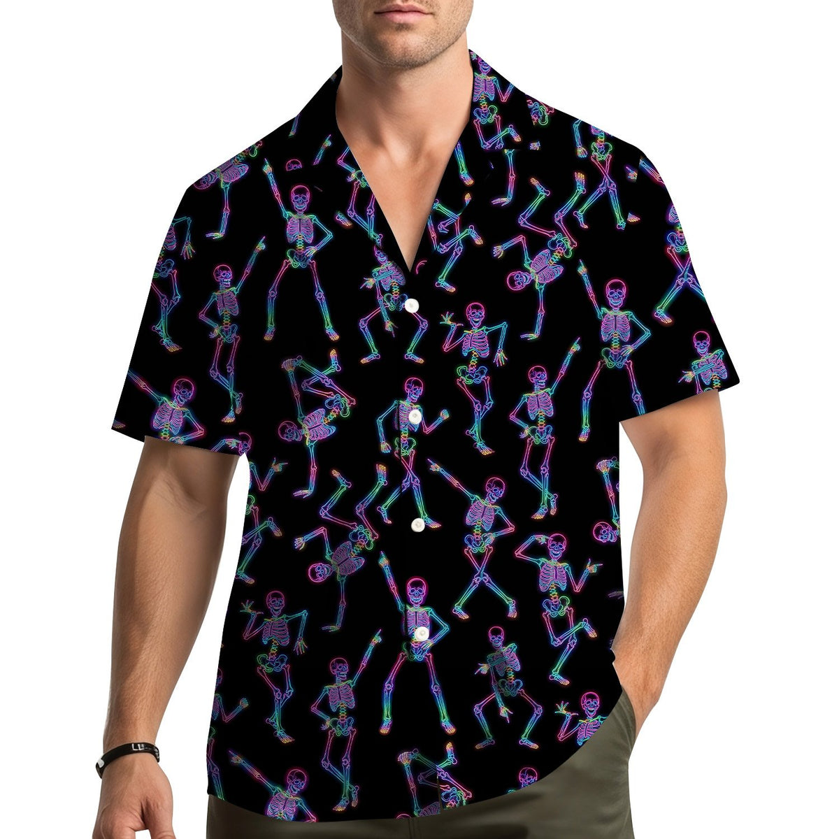 Family wearing matching halloween skeletons hawaiian shirts outdoors