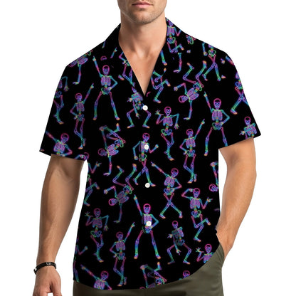Family wearing matching halloween skeletons hawaiian shirts outdoors
