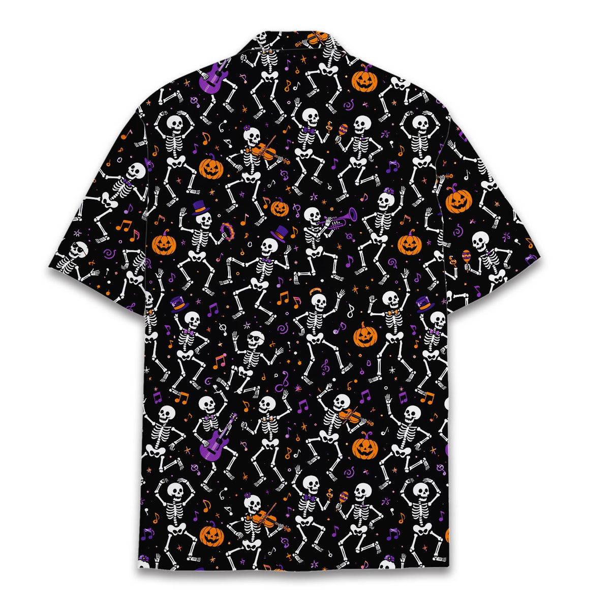 Back view of the matching family hawaiian shirts with skeleton print