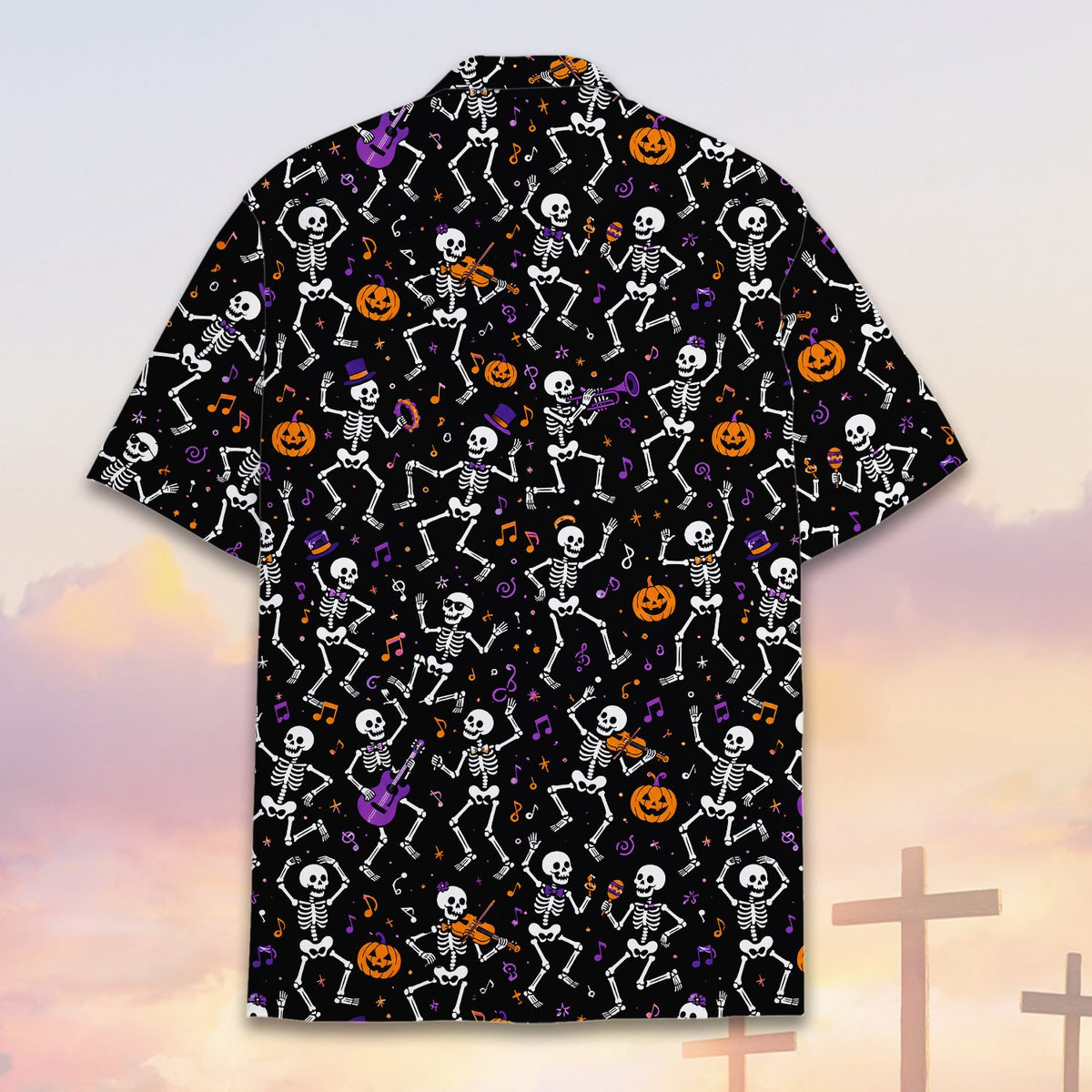 Detailed front view of the halloween hawaiian shirt showing jack-o'-lantern pattern