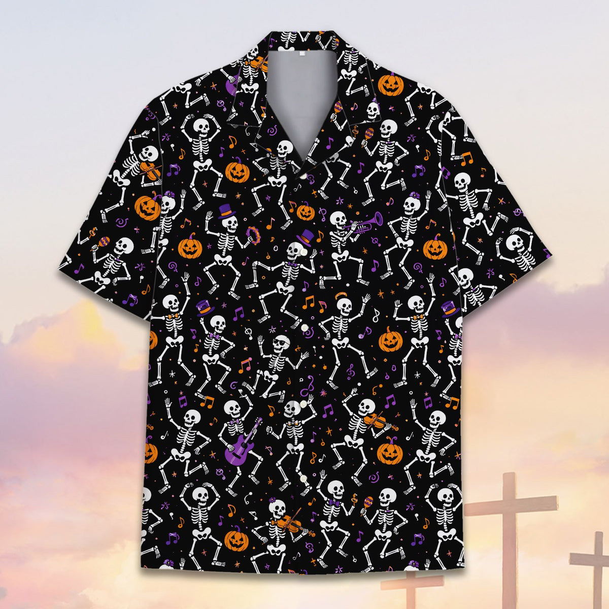 Close-up front view of the halloween hawaiian shirt collar and buttons
