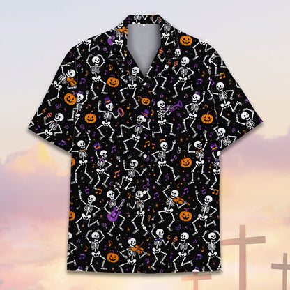 Close-up front view of the halloween hawaiian shirt collar and buttons