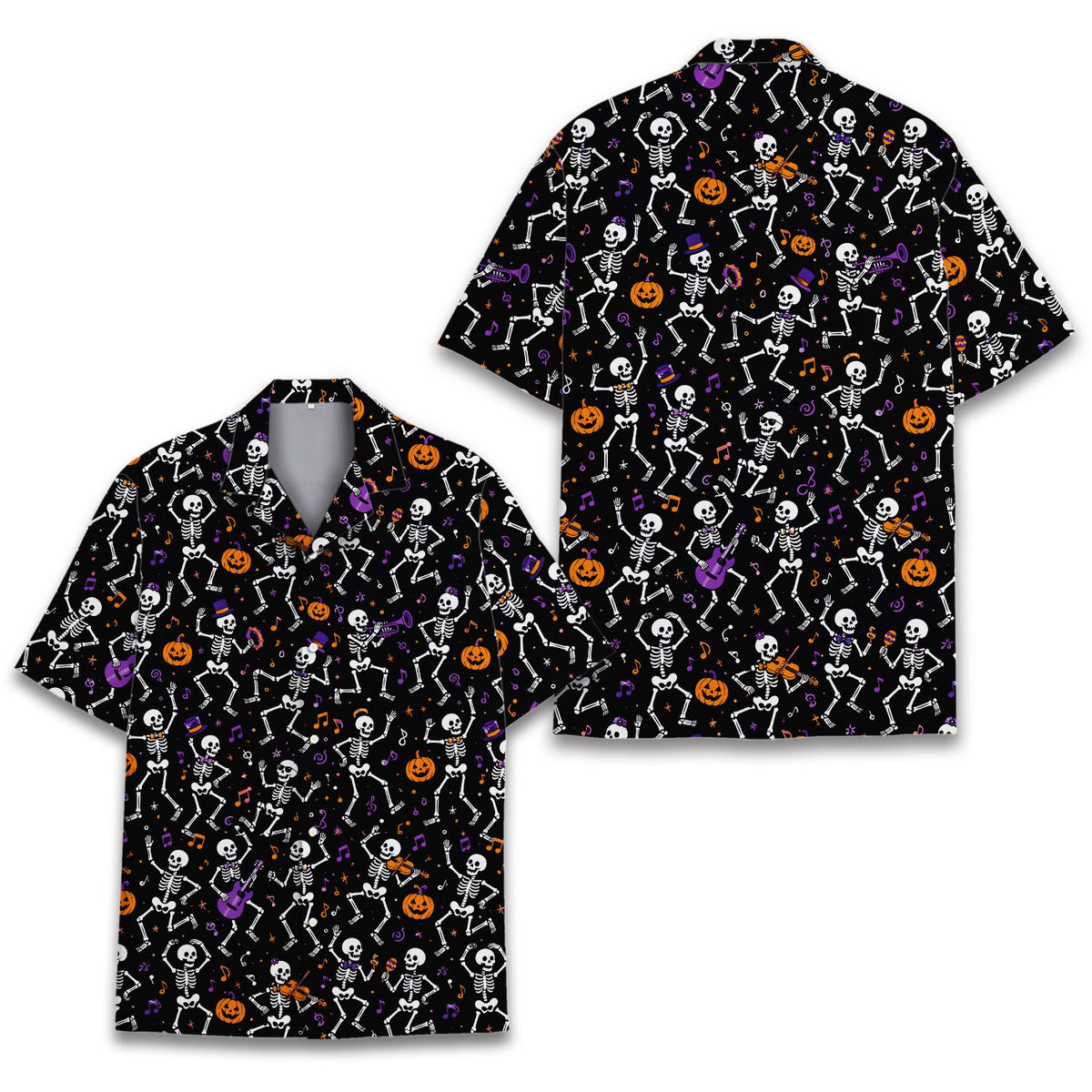 Front view of the matching family hawaiian shirts featuring dancing skeletons