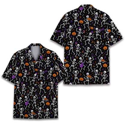 Front view of the matching family hawaiian shirts featuring dancing skeletons