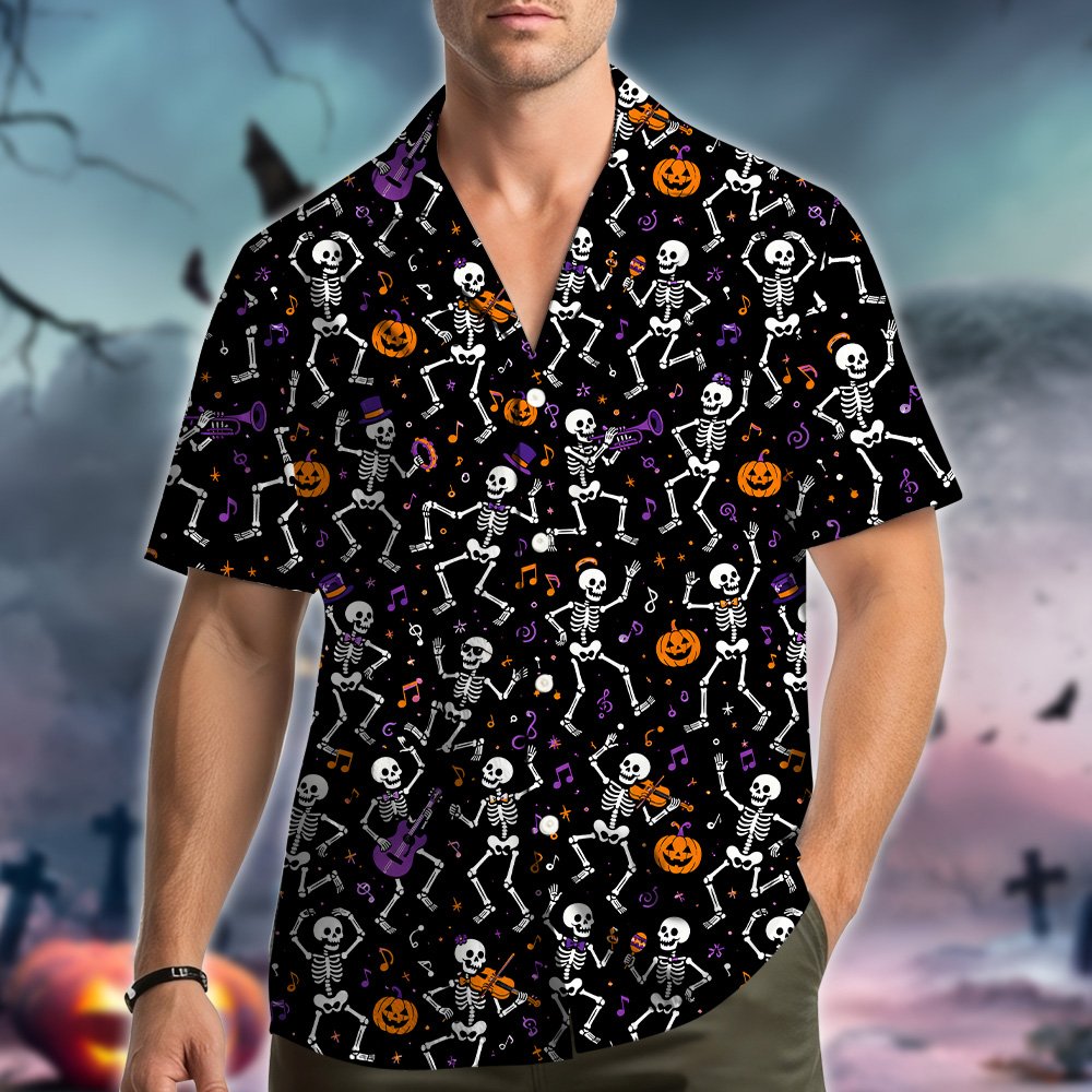 Third lifestyle image highlighting the vibrant purple and orange details of the hawaiian shirt