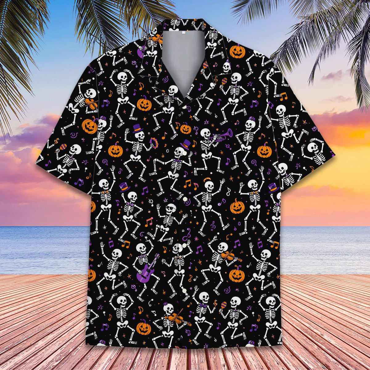 Fourth lifestyle image showing the halloween hawaiian shirt in a festive setting