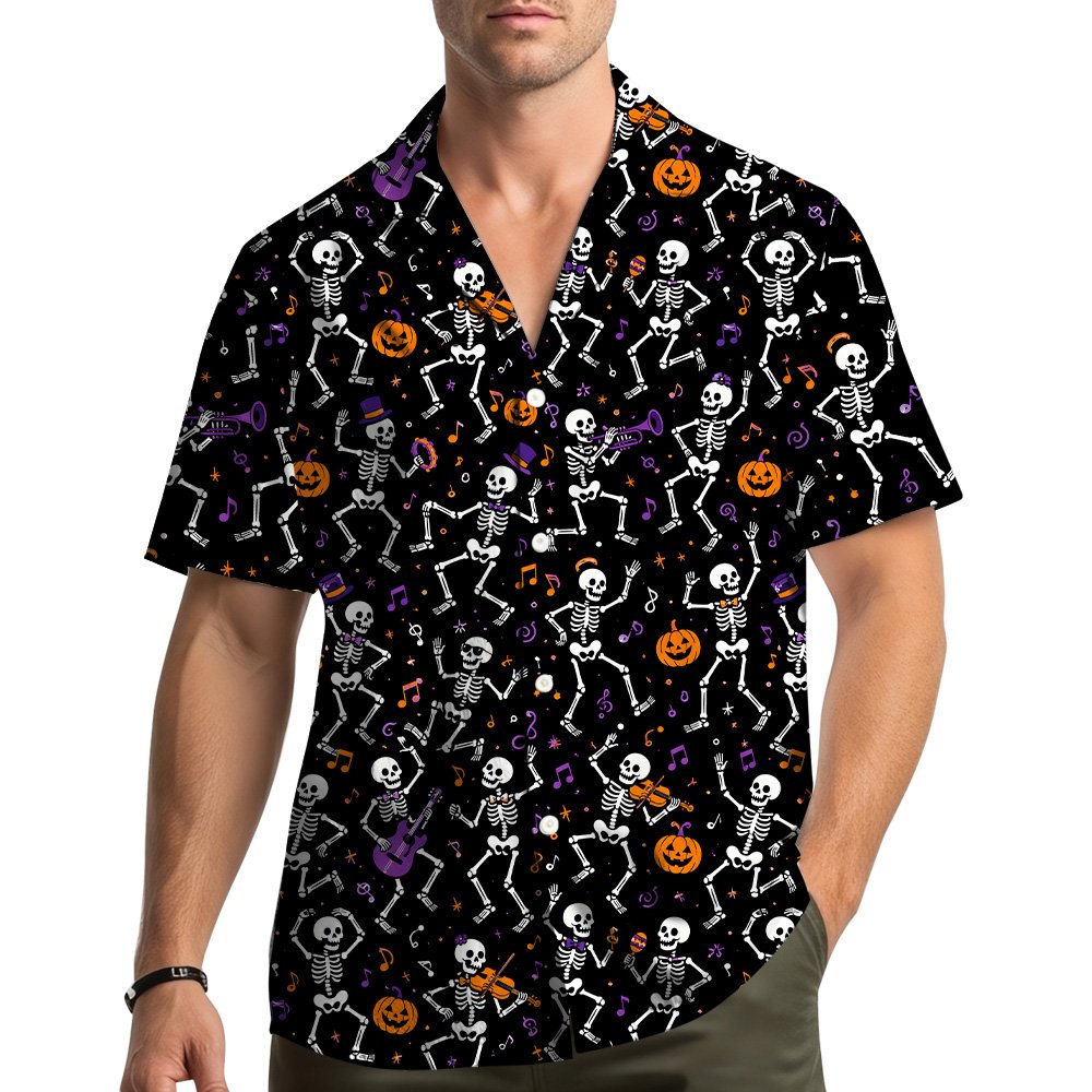 Lifestyle image showing an adult wearing the halloween hawaiian shirt