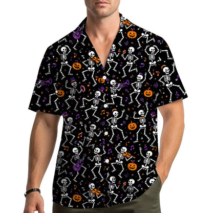Lifestyle image showing an adult wearing the halloween hawaiian shirt