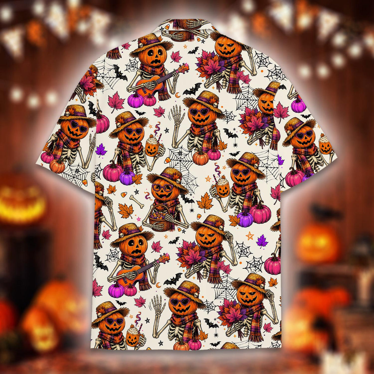 Detailed back view of the holiday hawaiian shirt with spider webs and pumpkins
