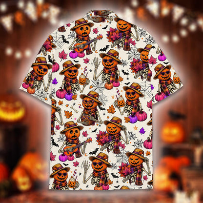 Detailed back view of the holiday hawaiian shirt with spider webs and pumpkins