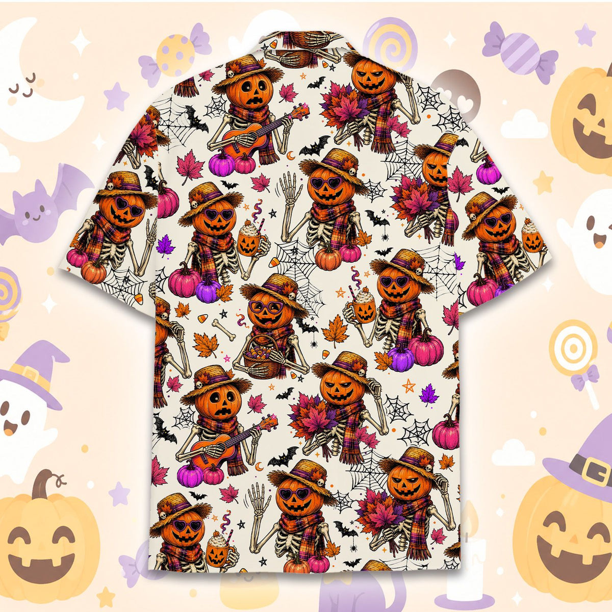 Back view of the halloween skeletons hawaiian shirt