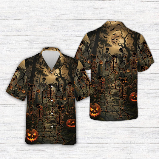 Matching family hawaiian shirts with Halloween skeletons and glowing pumpkins, main view