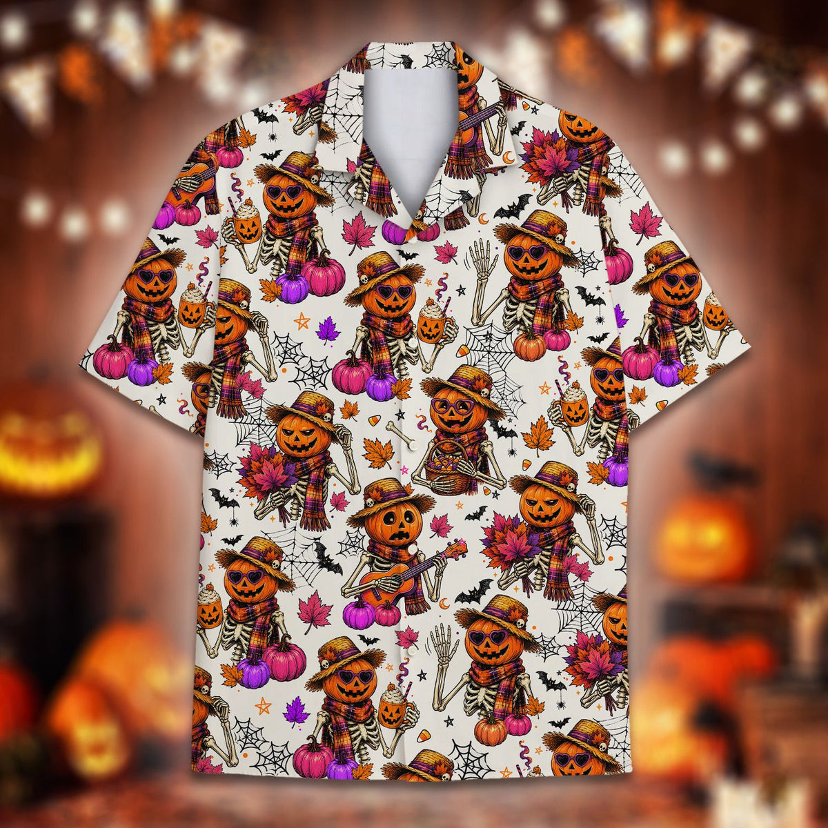 Front view of the halloween skeletons hawaiian shirt button-down design
