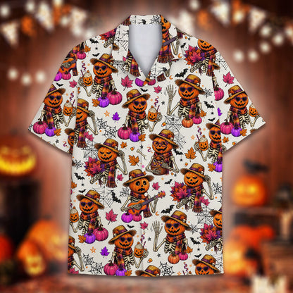 Halloween skeletons hawaiian shirt featuring pumpkins and bats on an off-white background
