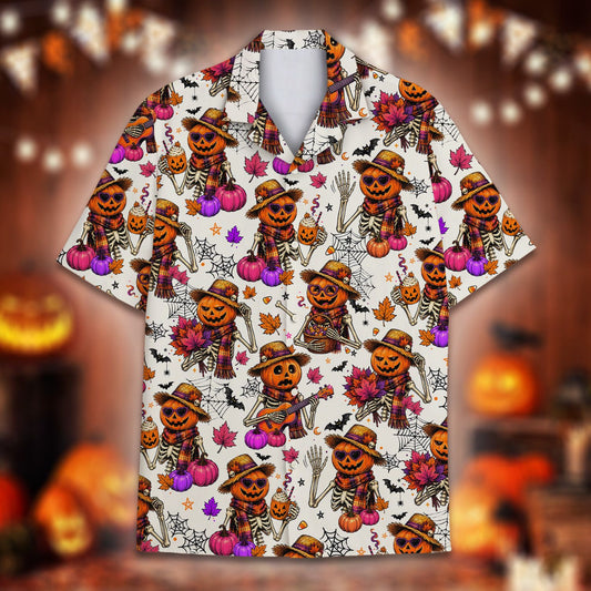 Main view of the matching family halloween skeletons hawaiian shirt