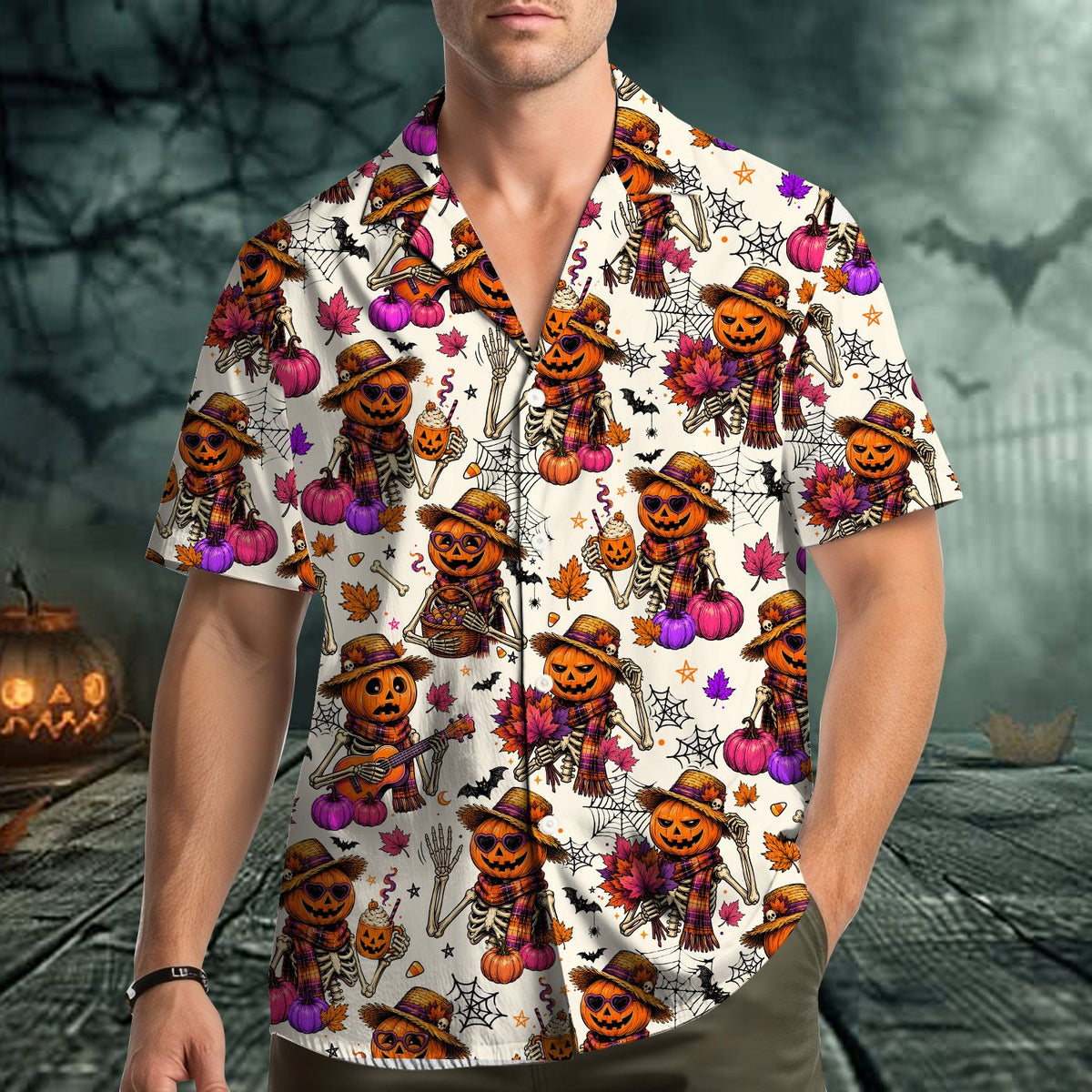 Family matching outfits featuring the festive halloween skeletons hawaiian shirt
