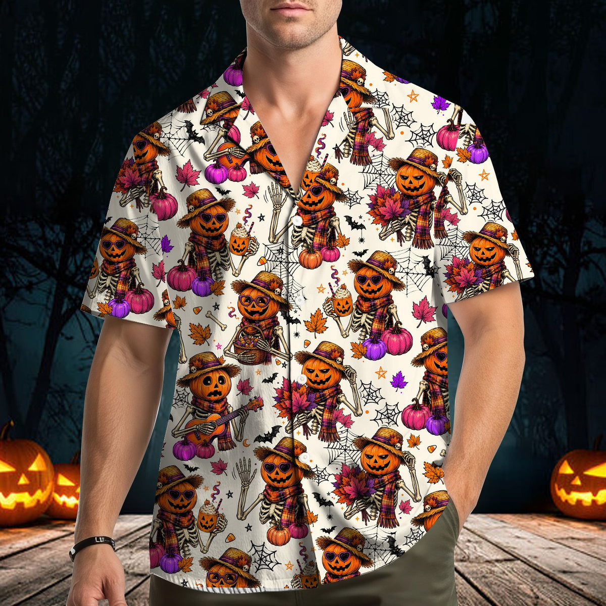 Fun lifestyle shot showing the colorful skeleton and pumpkin hawaiian shirt design