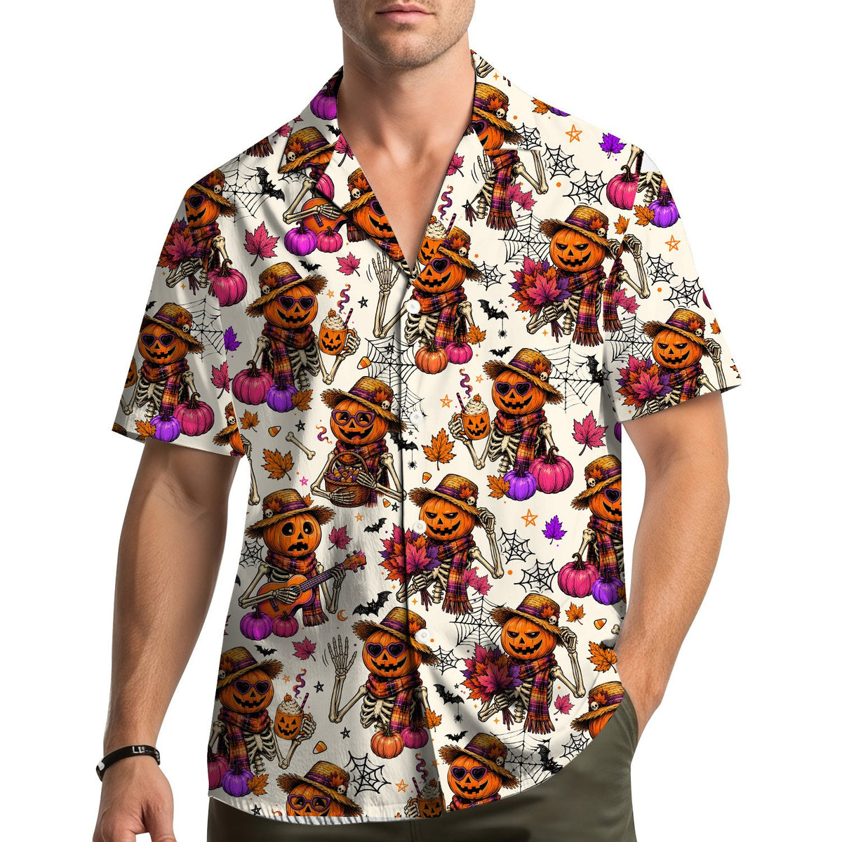 Lifestyle view of someone wearing the halloween skeletons hawaiian shirt