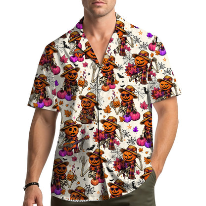 Lifestyle view of someone wearing the halloween skeletons hawaiian shirt