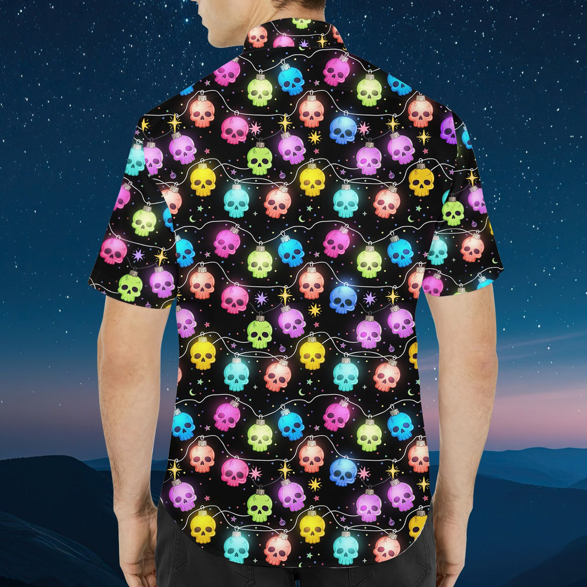 Back view of the matching family hawaiian shirt with skulls