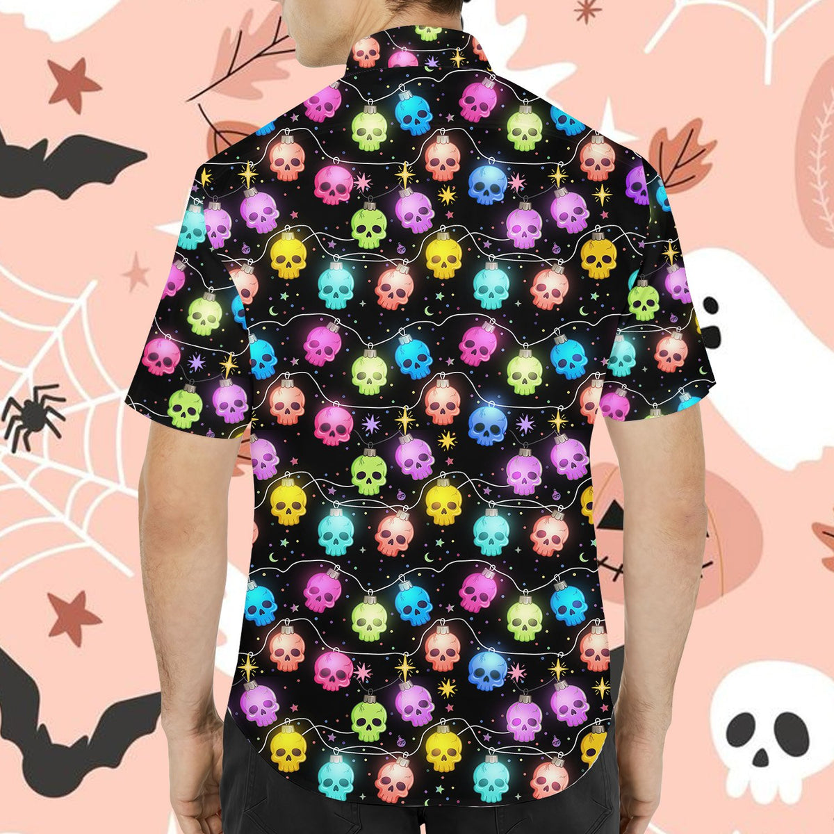 Back view showing the colorful glowing skull lights on the hawaiian shirt