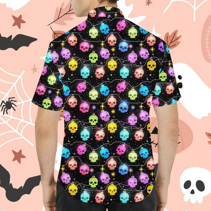 Back view showing the colorful glowing skull lights on the hawaiian shirt