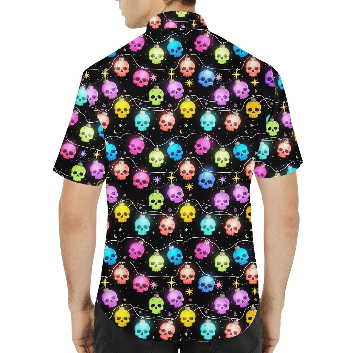 Back view detailing the holiday hawaiian shirt pattern