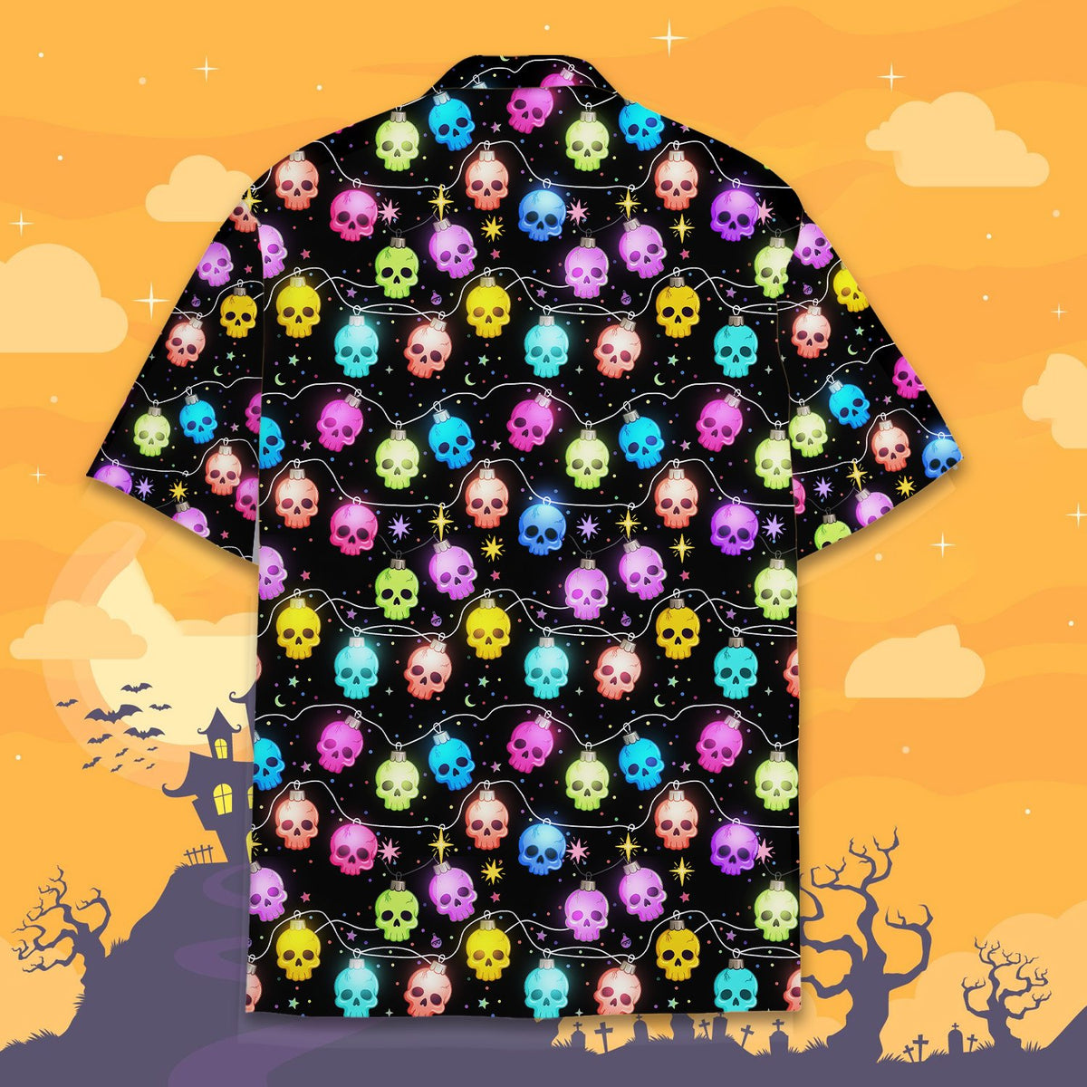 Back view of the black and multicolor skull lights hawaiian shirt