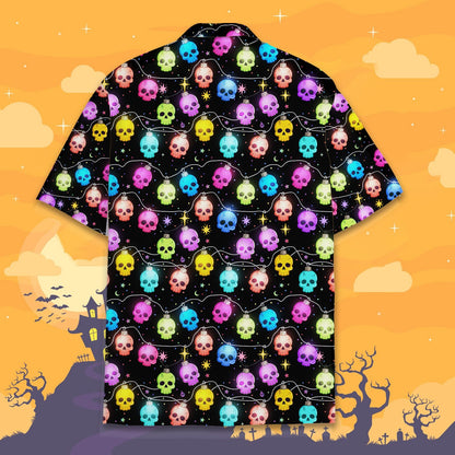 Back view of the black and multicolor skull lights hawaiian shirt
