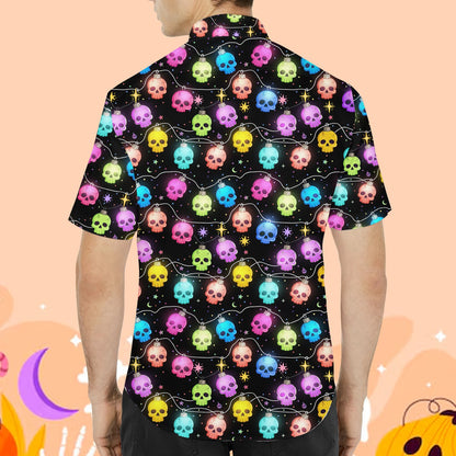 Back view of the skull and Christmas lights pattern hawaiian shirt