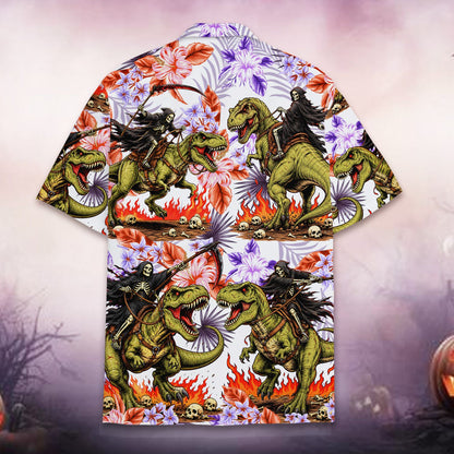 Another back view of the Halloween T-Rex Grim Reaper hawaiian shirt