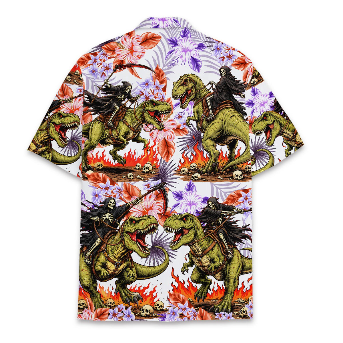 Back view of the matching family t rex hawaiian shirt with Halloween design