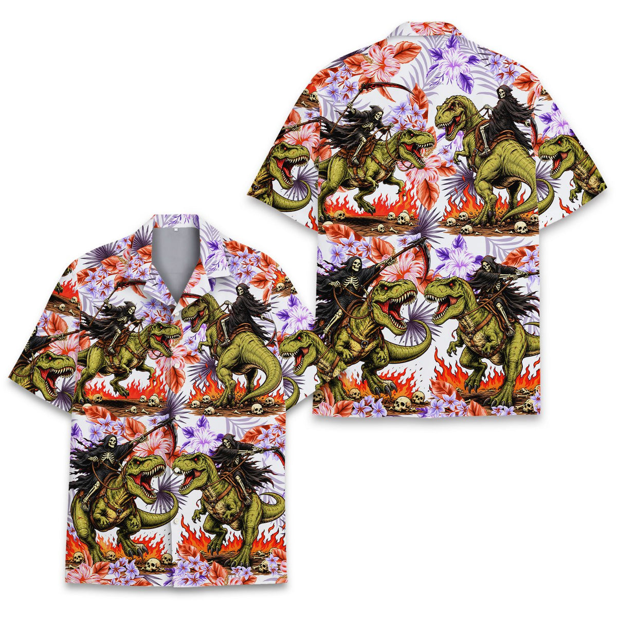 Another front view of the Halloween T-Rex Grim Reaper matching family hawaiian shirt
