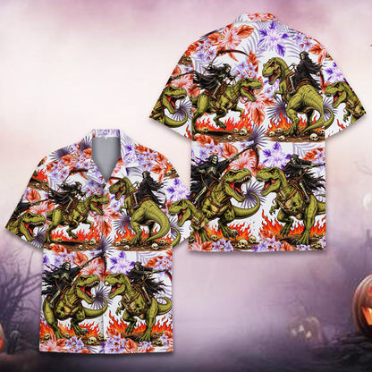 Close up front view of the Halloween T-Rex Grim Reaper hawaiian shirt pattern