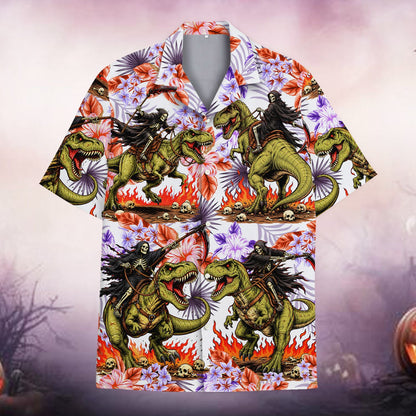 Main view of the matching family t rex hawaiian shirt with Grim Reaper design