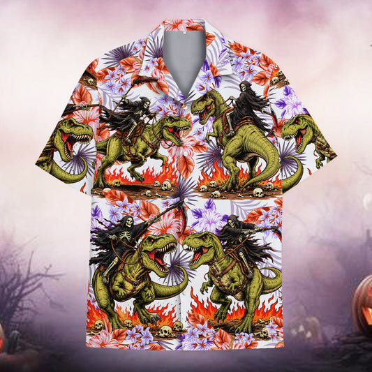 Main view of the matching family t rex hawaiian shirt with Grim Reaper design