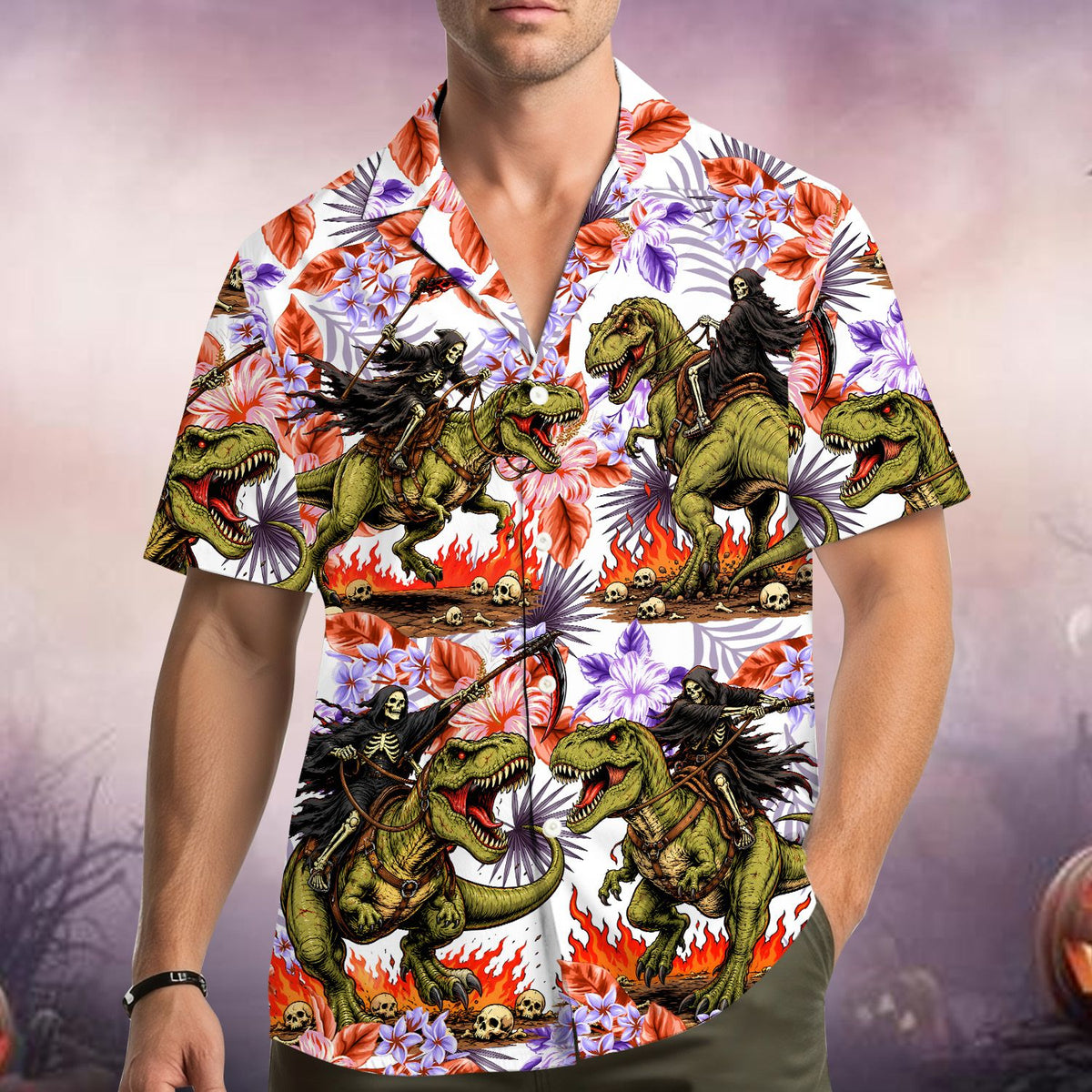 Second lifestyle view of the matching family halloween hawaiian shirt