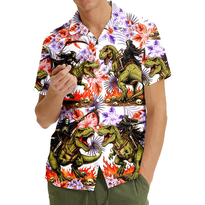 Third lifestyle view showing the tropical hawaiian shirt worn outdoors