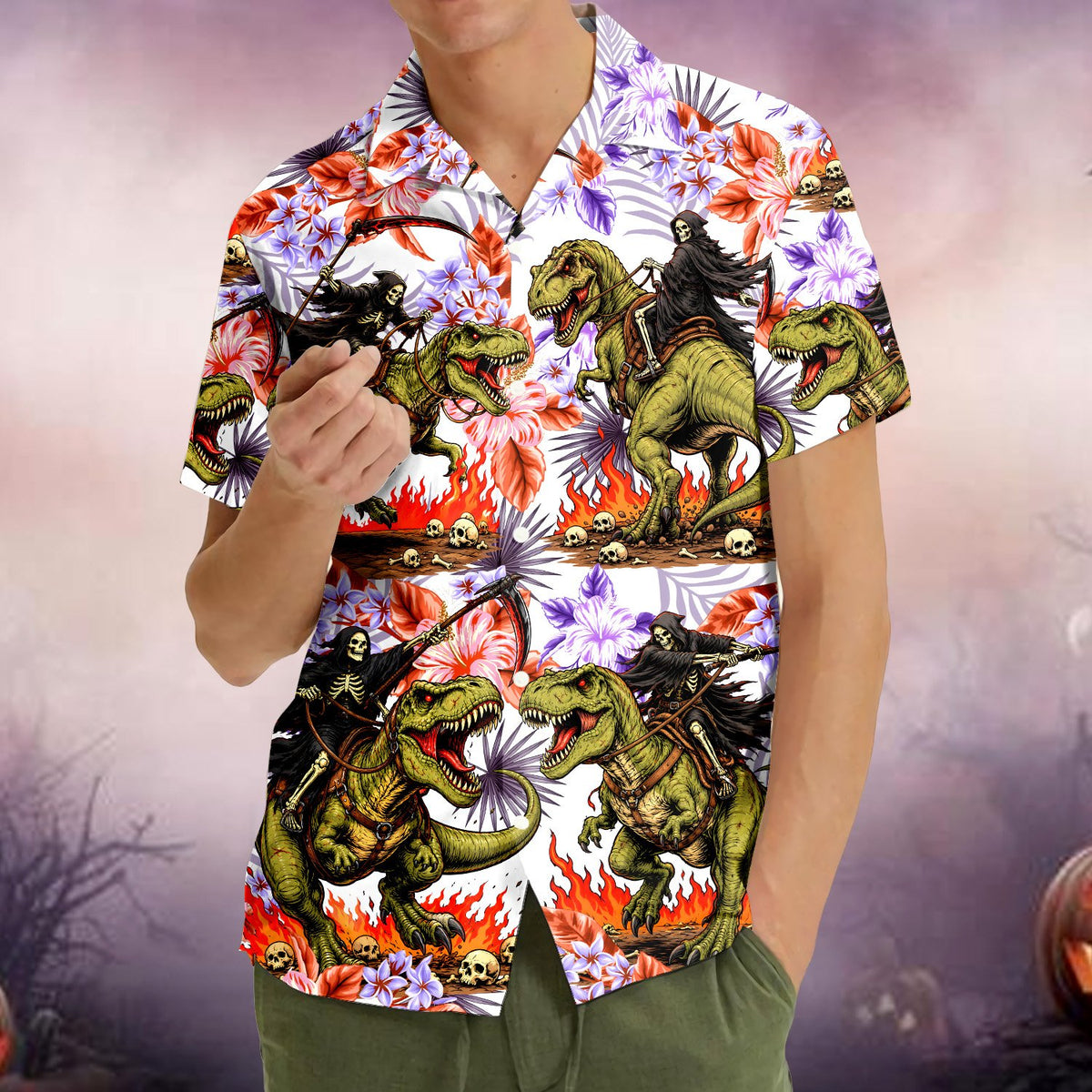Fourth lifestyle view of the matching family t rex hawaiian shirt