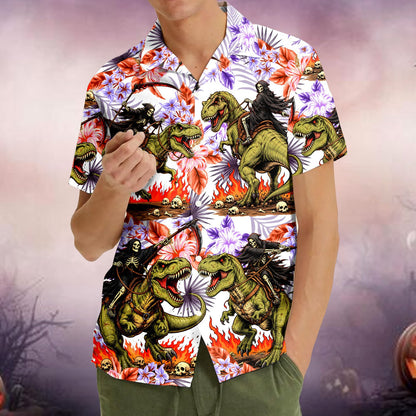 Fourth lifestyle view of the matching family t rex hawaiian shirt