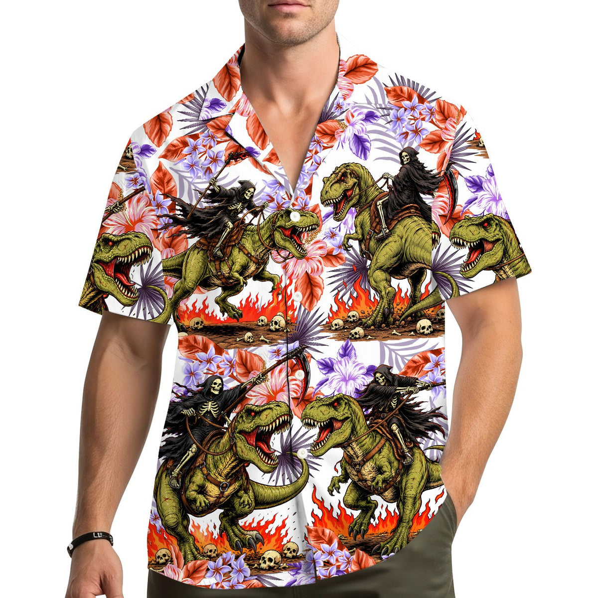 Lifestyle view of a family wearing the Halloween T-Rex Grim Reaper hawaiian shirts