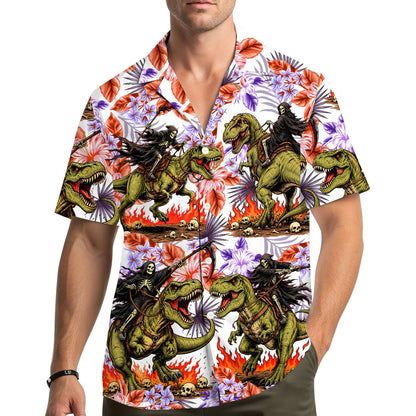 Lifestyle view of a family wearing the Halloween T-Rex Grim Reaper hawaiian shirts
