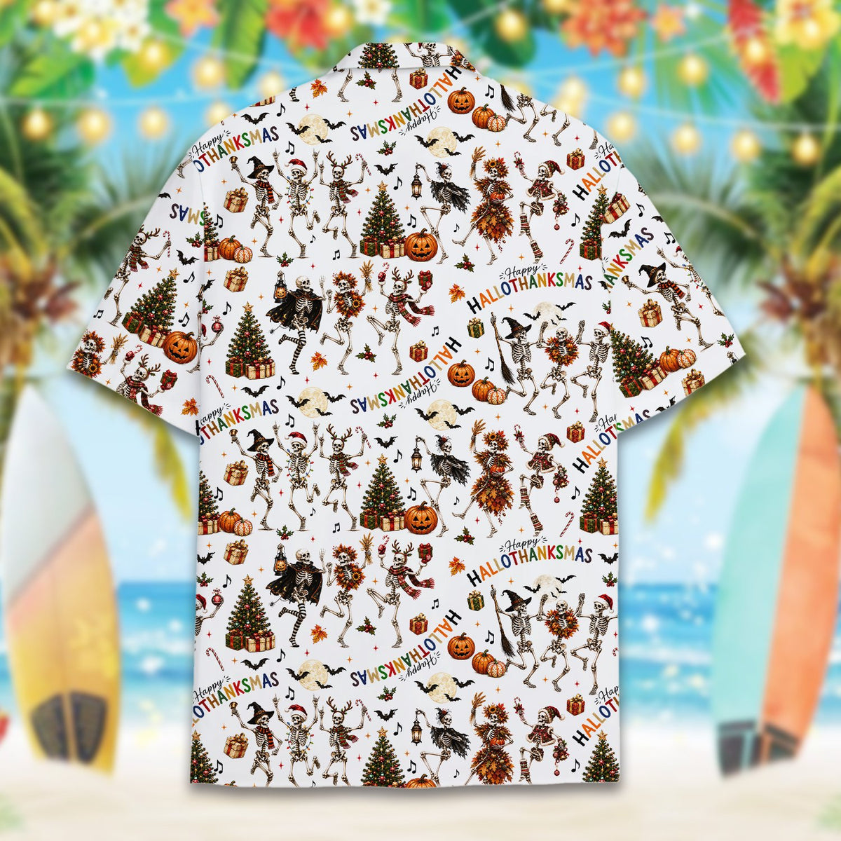 White halloween, thanksgiving, christmas hawaiian shirt with skeletons, back view